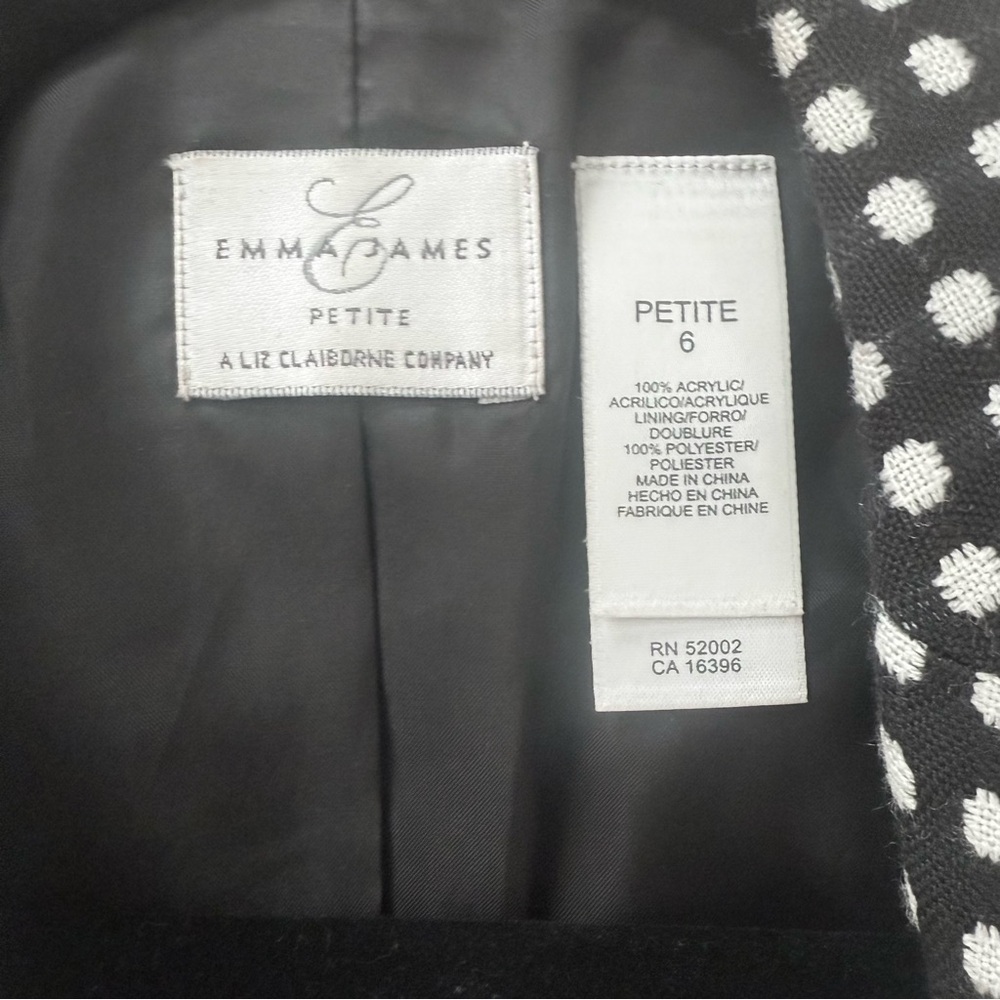 Emma James Petite Black White Polka Dot Knit Blazer 3 Button Petite 6 EUC - Picture 4 of 4